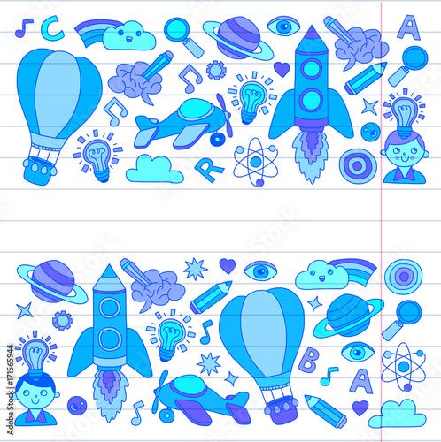 Vector set of doodle icons on following themes - creativity and inspiration, idea and imagination, innovation and discovery, think outside the box