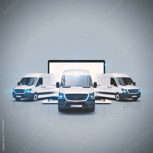 Drei Transporter starten aus einem Notebook Bildschirm zur Auslieferung