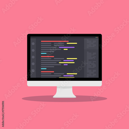 Web Development concept with digital device on pink background. Laptop, computer for work. Program for design or programming. Sign "Development" - stock vector illustration