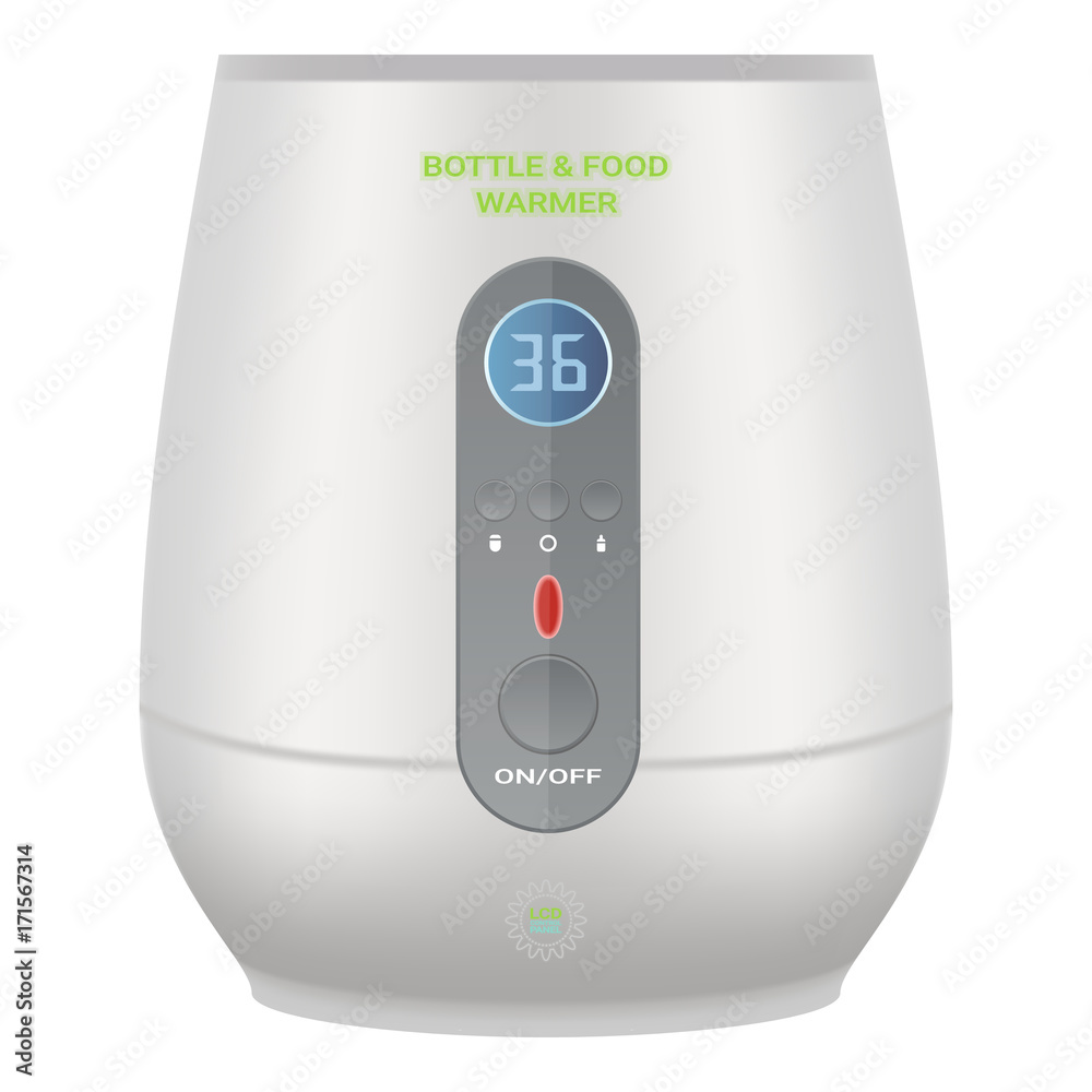 The Fast, Safe Way To Warm Expressed Milk And Baby Food, Electric Feeding Bottle And Baby Food Warmer Isolated On A White Background. Vector Illustration. Products For Children The Fast, Safe Way To Warm Expressed Milk And Baby Food, Electric Feeding Bottle And Baby Food Warmer Isolated On A White Background. Vector Illustration. Products For Children