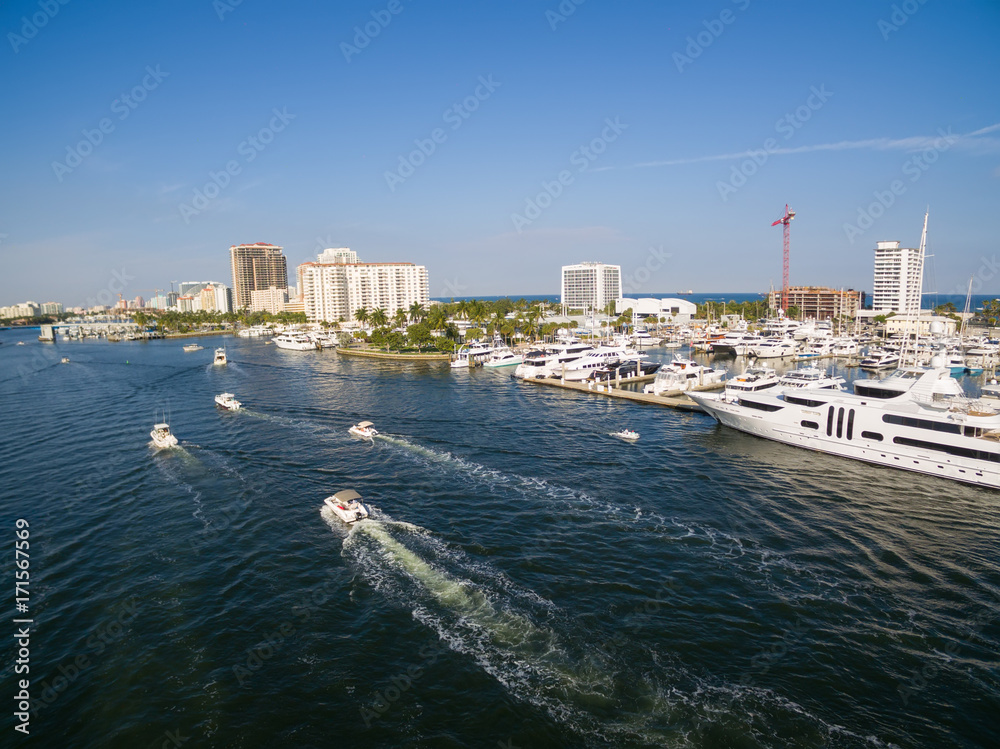 Boats floating in Fort Lauderdale bay, Florida USA. Aerial view.