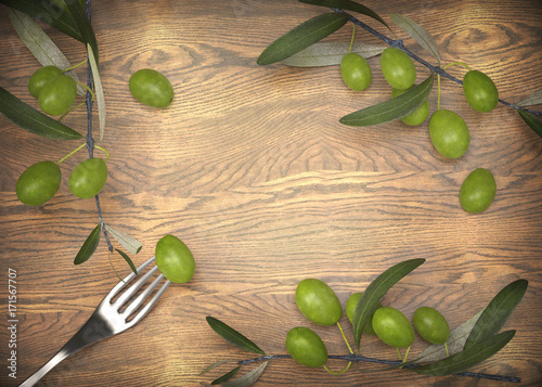 olive branches in a wooden table