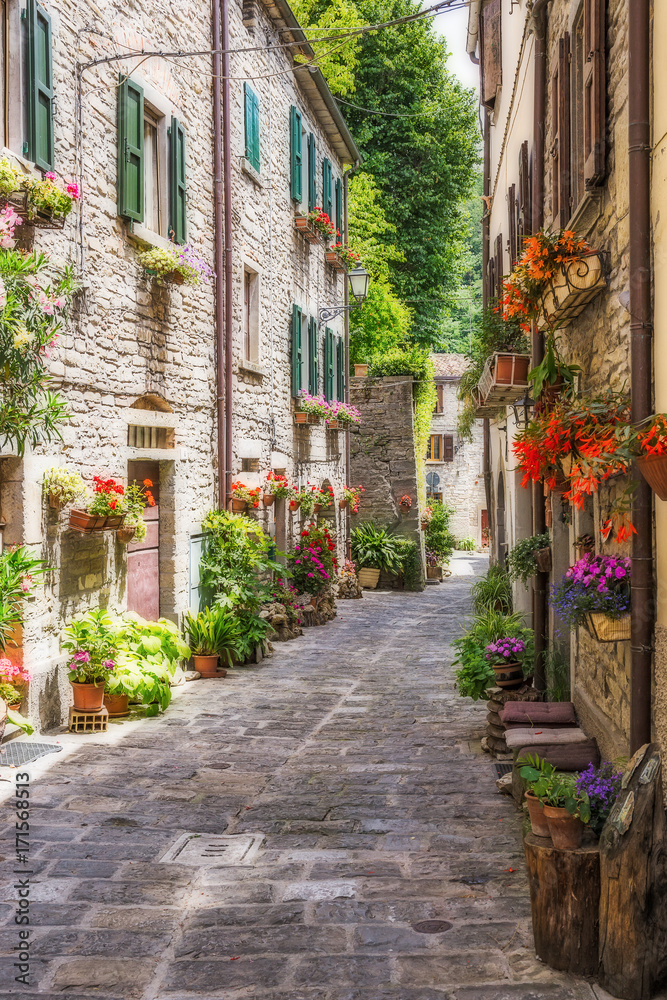Fototapeta Wąska stara ulica z kwiatami w Włochy