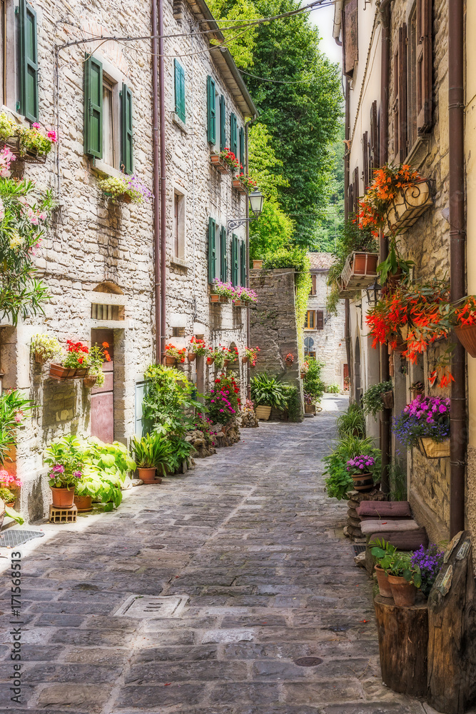 Narrow old street with flowers in Italy