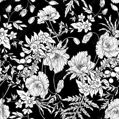 Seamless pattern with poppy flowers daffodil, anemone, violet 