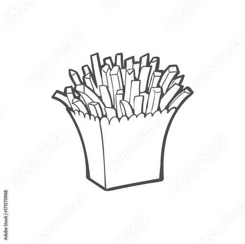 Vector sketch potato fry, french fries on striped white paper box. Hand drawn cartoon isolated illustration on a white background. Tasty fast food