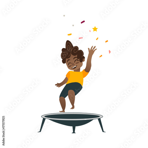 vector flat cartoon black boy kid in dark shorts, orange t-shirt and party hat jumping on trampoline happily smiling. Isolated illustration on a white background. Kids party concept