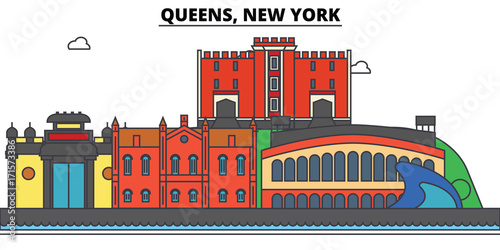Queens, New York. City skyline, architecture, buildings, streets, silhouette, landscape, panorama, landmarks. Editable strokes. Flat design line vector illustration concept. Isolated icons