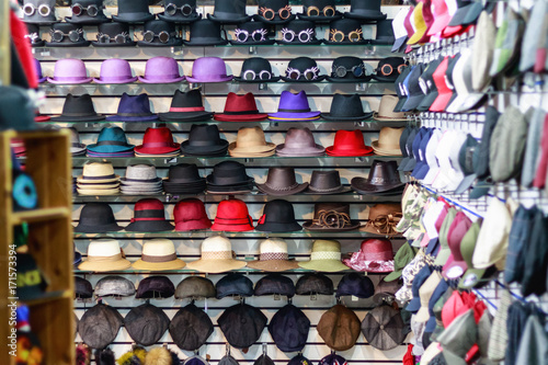 Variety of hats on display at Camden Market
