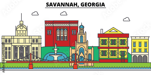 Savannah, Georgia. City skyline, architecture, buildings, streets, silhouette, landscape, panorama, landmarks. Editable strokes. Flat design line vector illustration concept. Isolated icons
