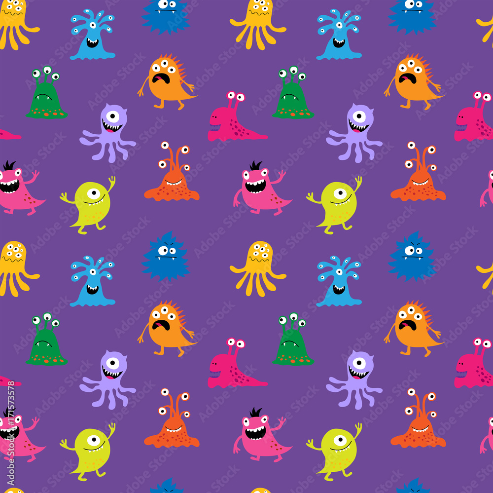Obraz premium Seamless background with cute aliens on a violet background