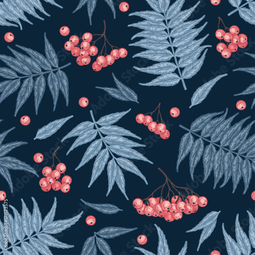 Engraving autumn rowanberry seamless pattern.