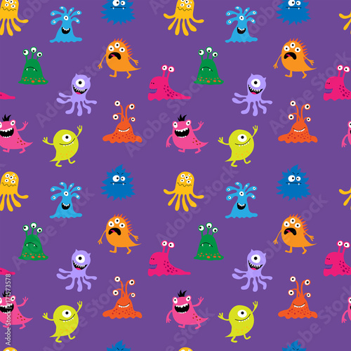 Seamless background with cute aliens on a violet background