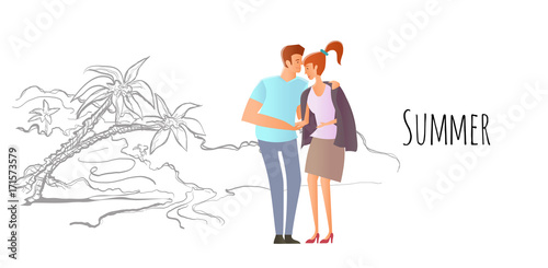 Young couple in love. Man and woman on a romantic date on a tropical beach with palm trees. A man hugs a woman. Vector hand-drawn sketch illustration.