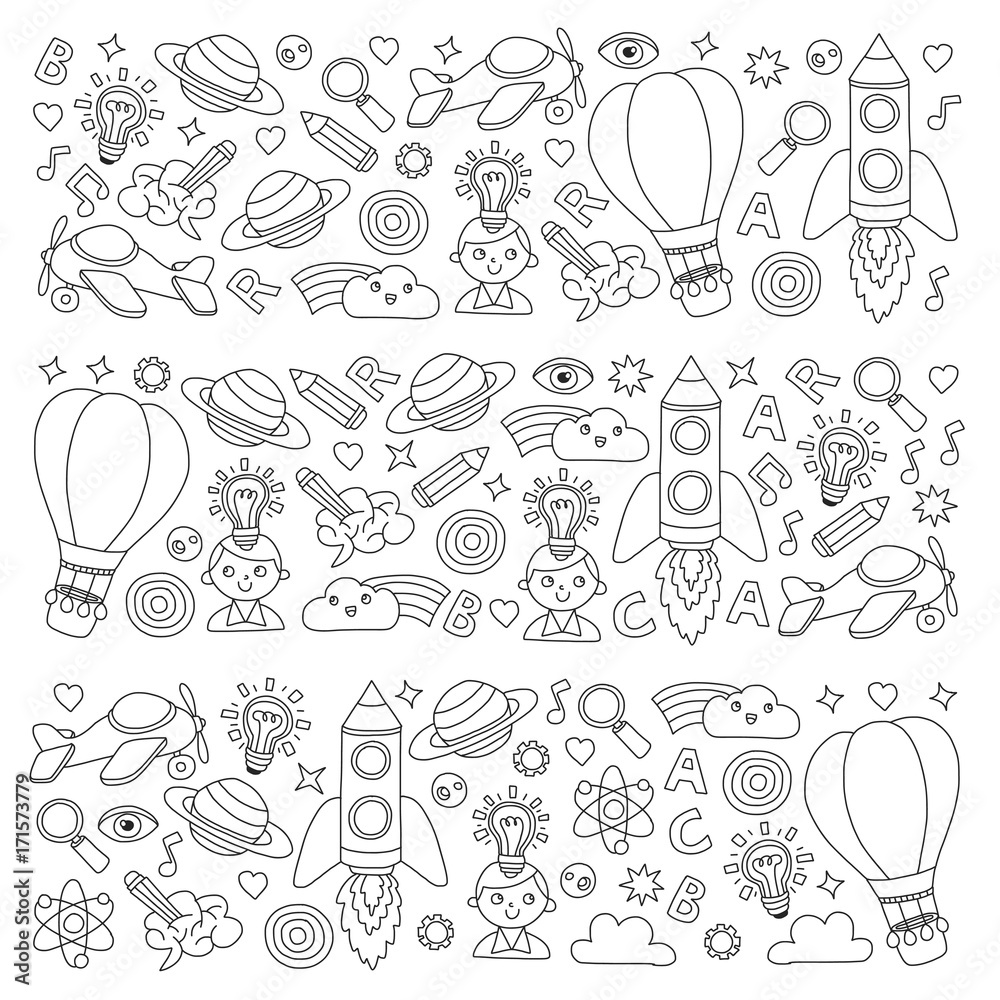 Fototapeta premium Vector set of doodle icons Notepad checked paper - creativity and inspiration, idea and imagination, innovation and discovery, think outside the box