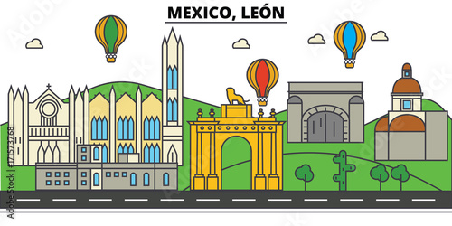 Mexico, Leon. City skyline, architecture, buildings, streets, silhouette, landscape, panorama, landmarks, icons. Editable strokes. Flat design line vector illustration concept