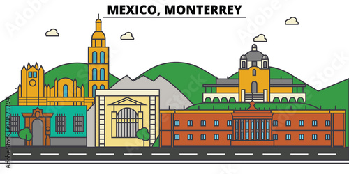 Mexico, Monterrey. City skyline, architecture, buildings, streets, silhouette, landscape, panorama, landmarks. Editable strokes. Flat design line vector illustration concept. Isolated icons