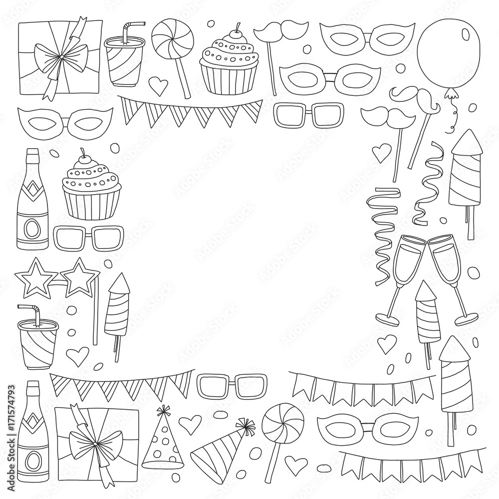 Set of birthday party design elements. Kids drawing. Doodle icons Colorful balloons, flags, confetti, cupcakes, gifts, candles, bows and decorative ribbons. Vector illustration