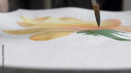 Artist painting watercolor paints on wet paper