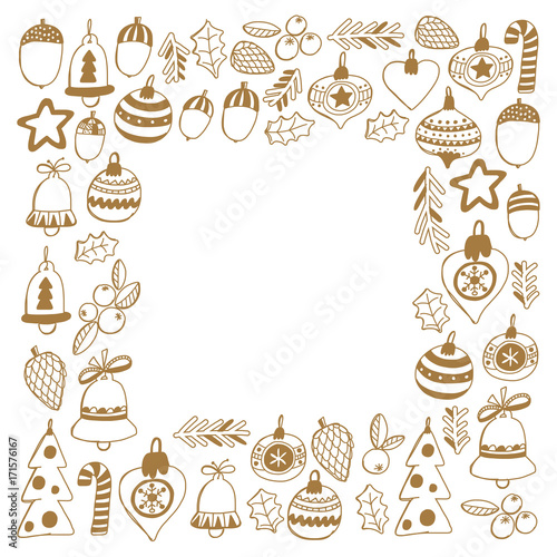Gold Christmas pattern Fram wth christmas elements, balls, decoration