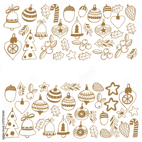 Gold Christmas pattern Frame wth christmas elements, balls, decoration Merry Christmas and Happy New year Holly jolly Holiday celebration