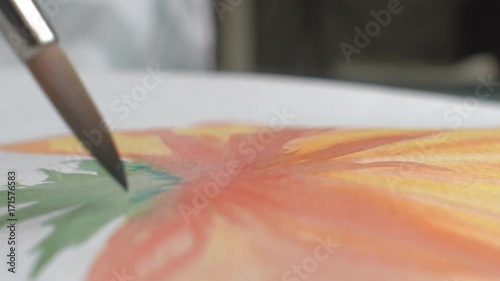 Artist painting watercolor paints on wet paper