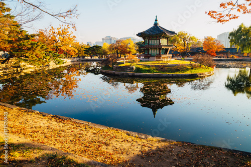 Korean traditional architecture Gyeongbokgung Palace Hyangwonjeong at autumn in Seoul, Korea