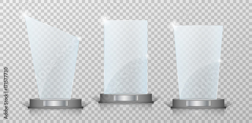 Empty Crystal glass trophy awards set. Glossy transparent trophy for award on transparent background. Vecror illustration