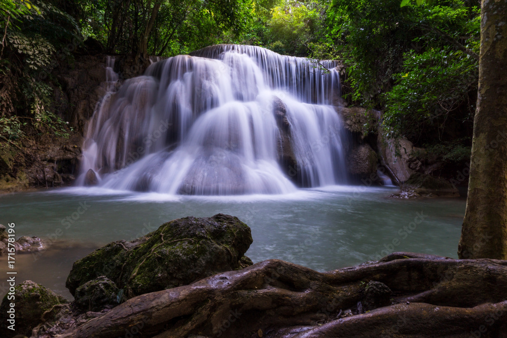 Beautiful Landscape of Waterfall in forest at Huai Mae Khamin Waterfall National Park, Kanchanaburi, Thailand