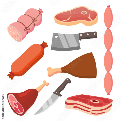 Fresh Meat Vector Set. Sausages, Knife. Flat Food Icons. Isolated Cartoon Illustration