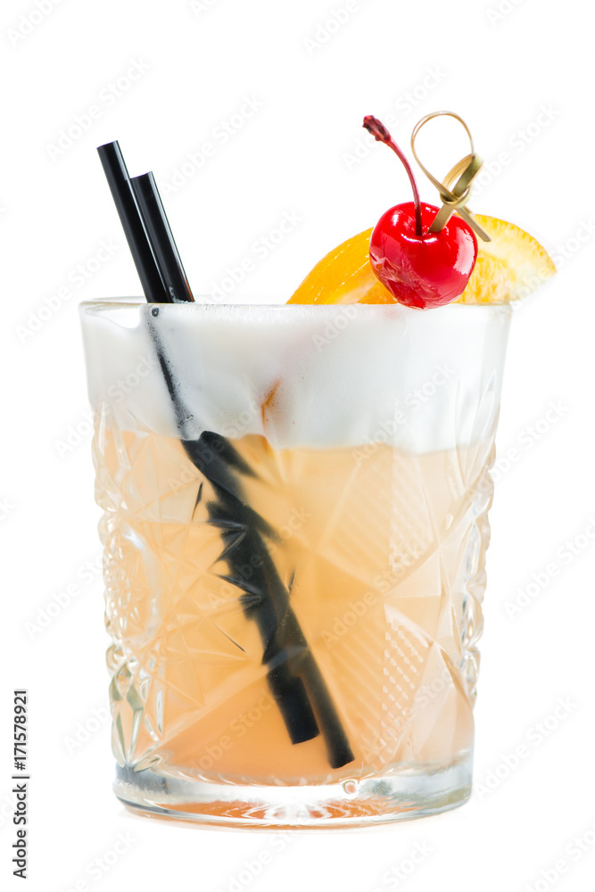 John Collins or Whiskey sour cocktail in glass decorated with cherry, slice  of orange and straws isolated on white background Stock Photo