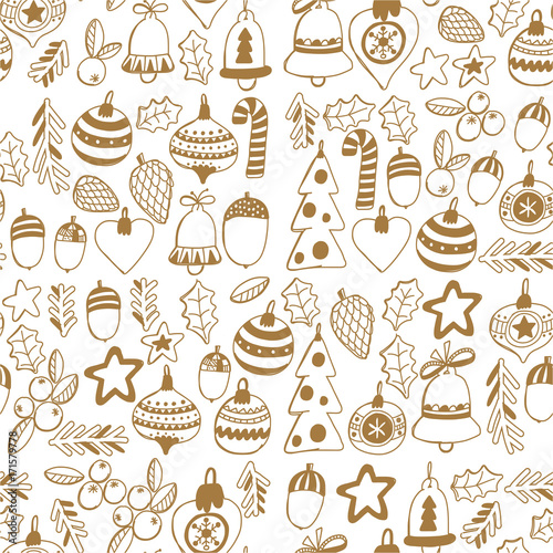 Gold Christmas seamless pattern with christmas bells, snowflakes, candy, stars Holly jolly Merry Christmas and Happy New Year
