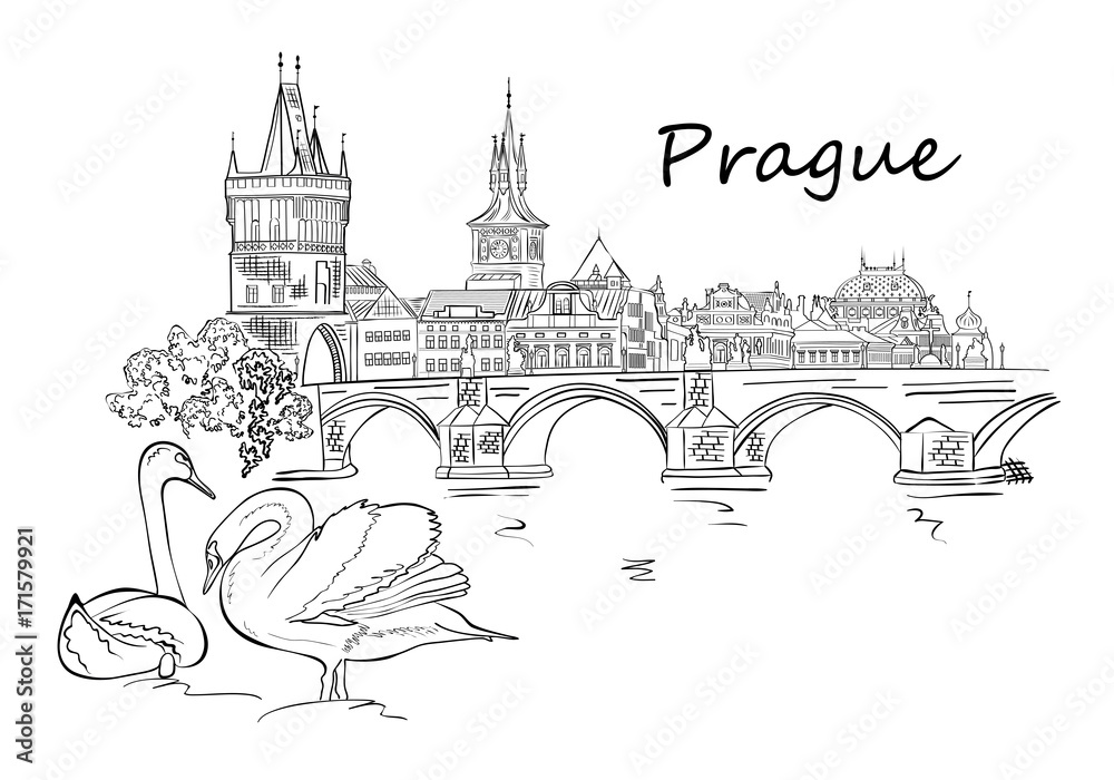 Panorama of Prague. View of Charles Bridge and the Vltava river embankment.Czech Republic. Vector illustration.