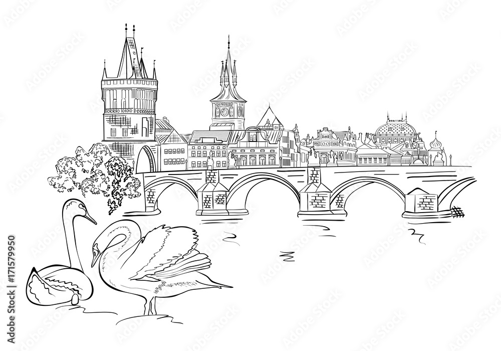 Panorama of Prague. View of Charles Bridge and the Vltava river embankment.Czech Republic. Vector illustration.