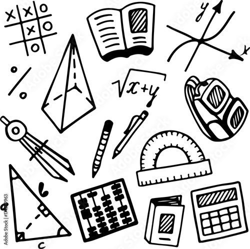 Educational set. Mathematics. Vector illustrations. Accessories for the school, university and college. 