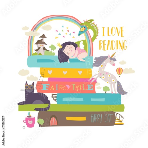 Fairytale concept with book,unicorn,dragon,princess and medieval castle