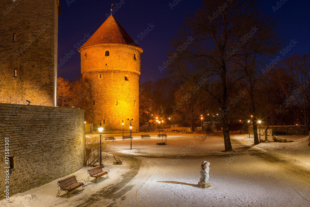 Exciting winter view of night old town of Tallinn. Small park square near ancient wall and towers.