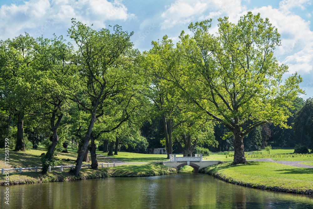 Park with lake and bridge