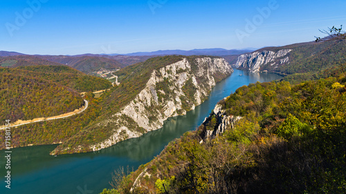 Highest vertical cliffs over Danube river at Djerdap gorge and national park in east Serbia photo
