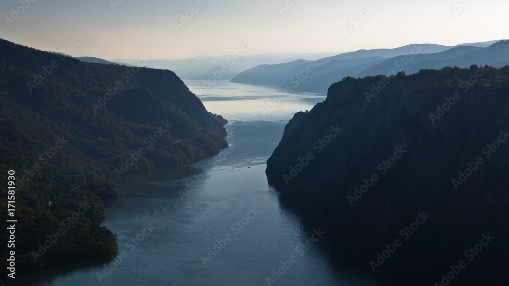 Danube river from the top of Djerdap gorge at narrowest place called Kazan, Djerdap national park, Serbia