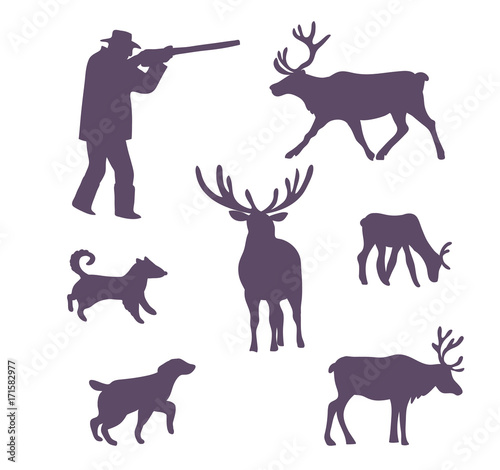 Silhouettes collection. Hunters  hunted deers and  dogs. Vector illustration.