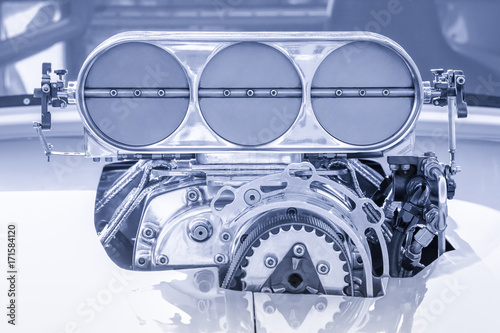 blue toned vehicle engine supercharger HDR