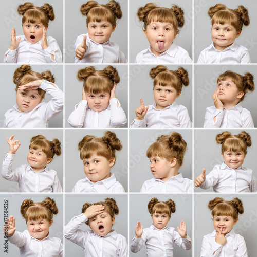 Collage of little cute girl with different emotions and gestures