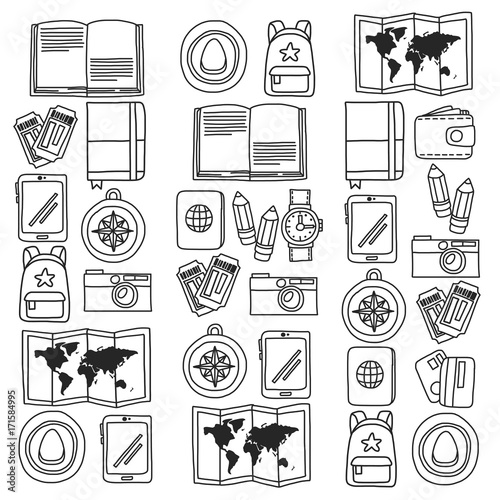 Vector doodle set with travel icons Adventure Explore Camera Passport Ticket Map Backpack Doodle pattern