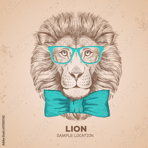 Retro Hipster animal lion. Hand drawing Muzzle of lion