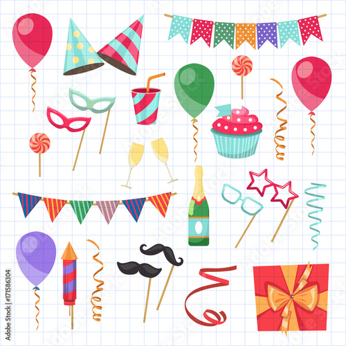 Flat vector icons Celebration party carnival festive icons set. Colorful symbols and elements - mask, gifts, presents, balloon, hat, cap © rudut2015