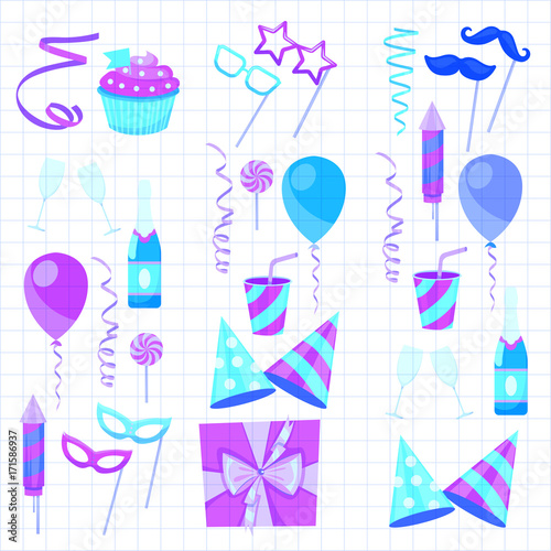 Flat vector icons Celebration party carnival festive icons set. Colorful symbols and elements - mask, gifts, presents, balloon, hat, cap