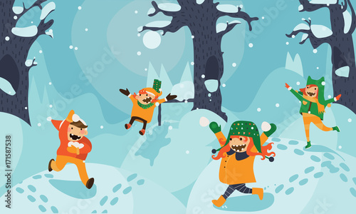 Bright illustration with little kids playing, running and jumping in snow among trees and snowdrifts. Vector hand drawn horizontal drawing.