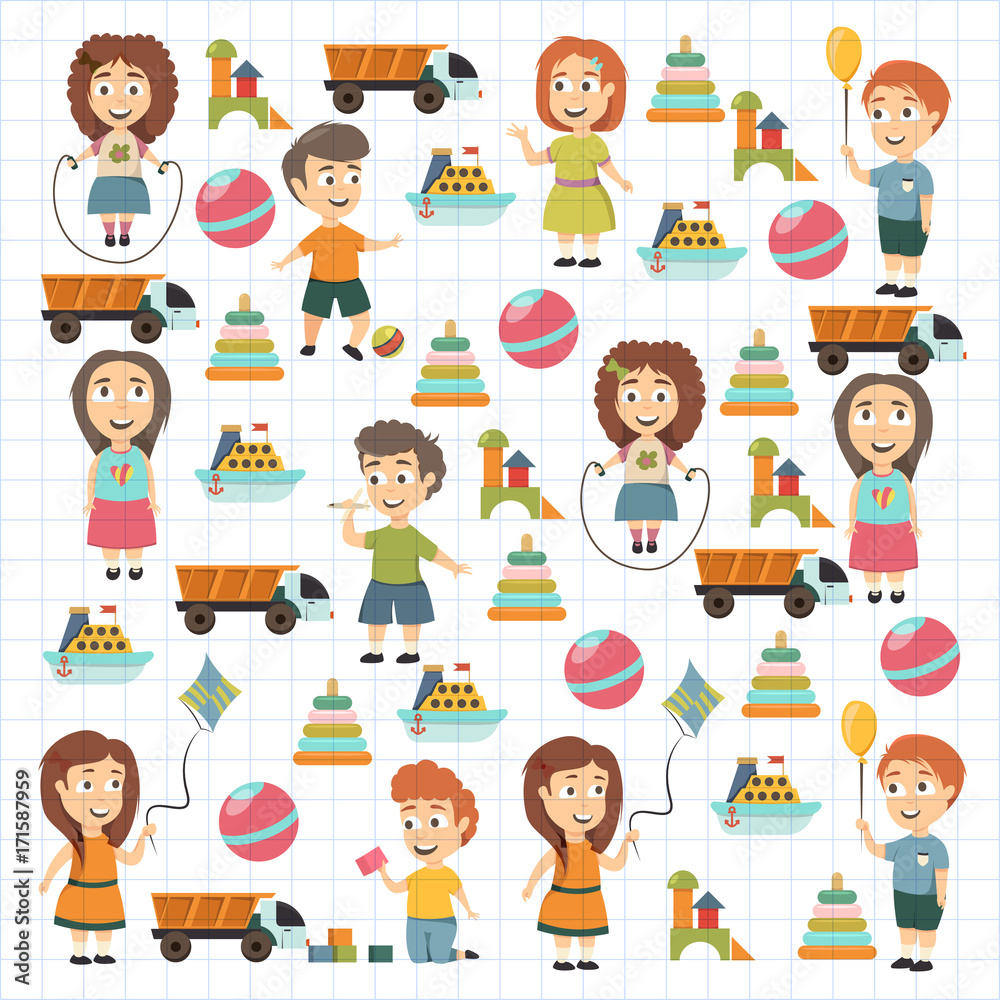 Kindergarten Vector flat icons for advertising brochure. Ready for your designs. Children play. Kindergarten kids with toys. Funny cartoon character. Vector illustration