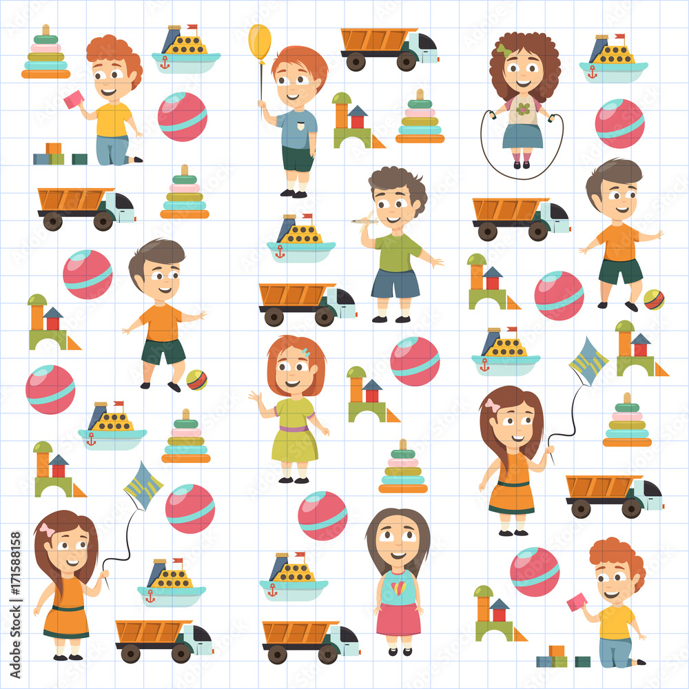 Kindergarten Vector flat icons for advertising brochure. Ready for your designs. Children play. Kindergarten kids with toys. Funny cartoon character. Vector illustration Kindergarten Vector flat icons for advertising brochure. Ready for your designs. Children play. Kindergarten kids with toys. Funny cartoon character. Vector illustration